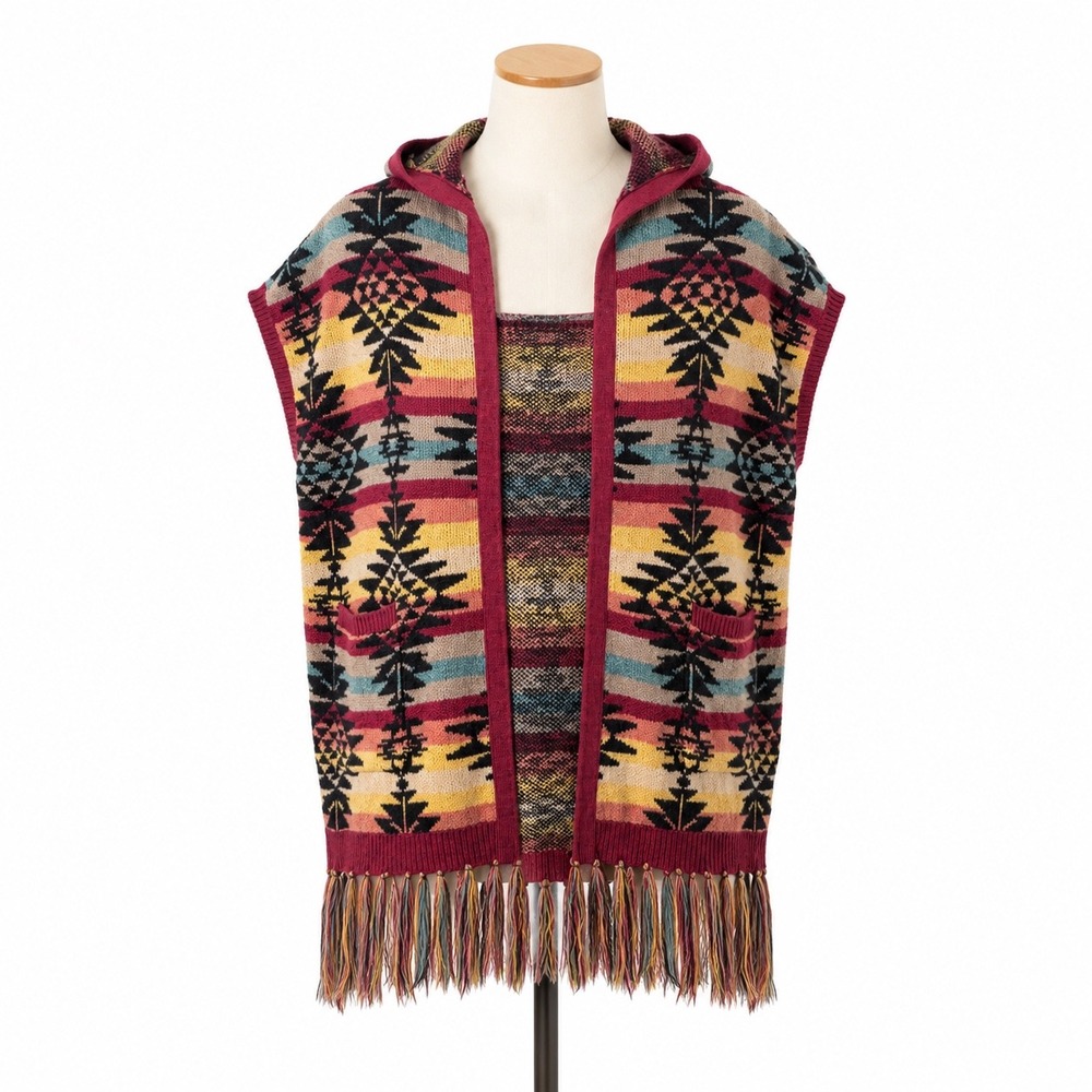 American Eagle Poncho Women XXS Red Aztec Hooded Fringe Open Front Knit Cardigan